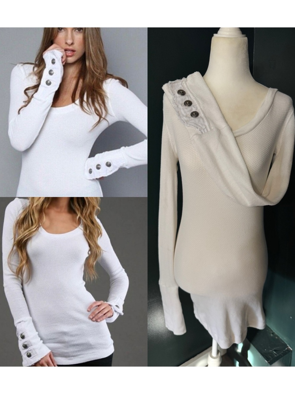 Free People • Vintage Motor Button Waffle Thermal Cuff Long Sleeve Top M